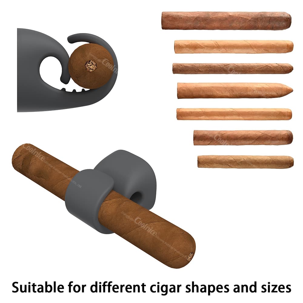 Magnetic silicone cigar holder, designed to securely hold different cigar shapes and sizes, shown with various cigar types.