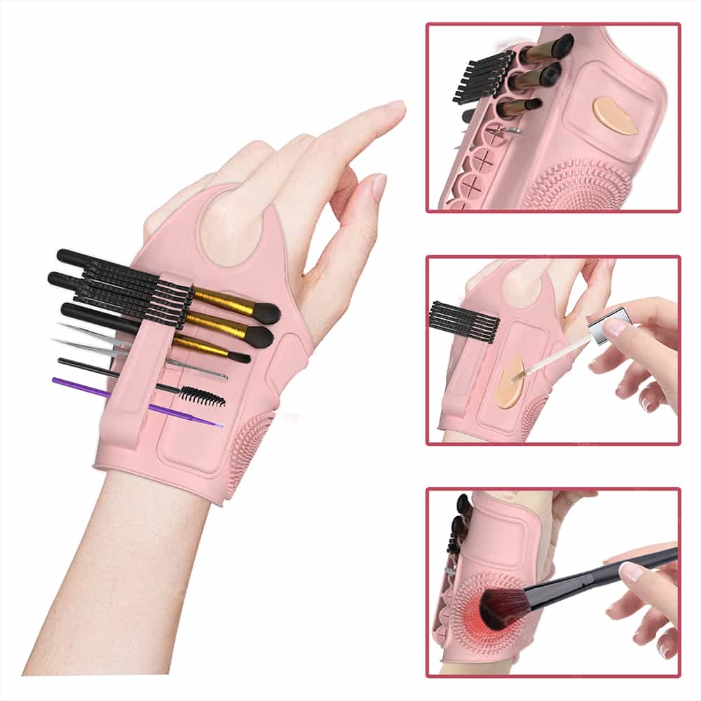 Pink silicone wrist palette holding multiple eye brushes for quick access.