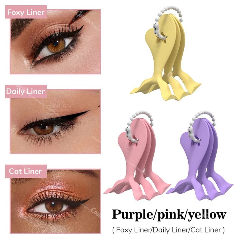 Yellow, pink, and purple eyeliner stencils with different liner styles.