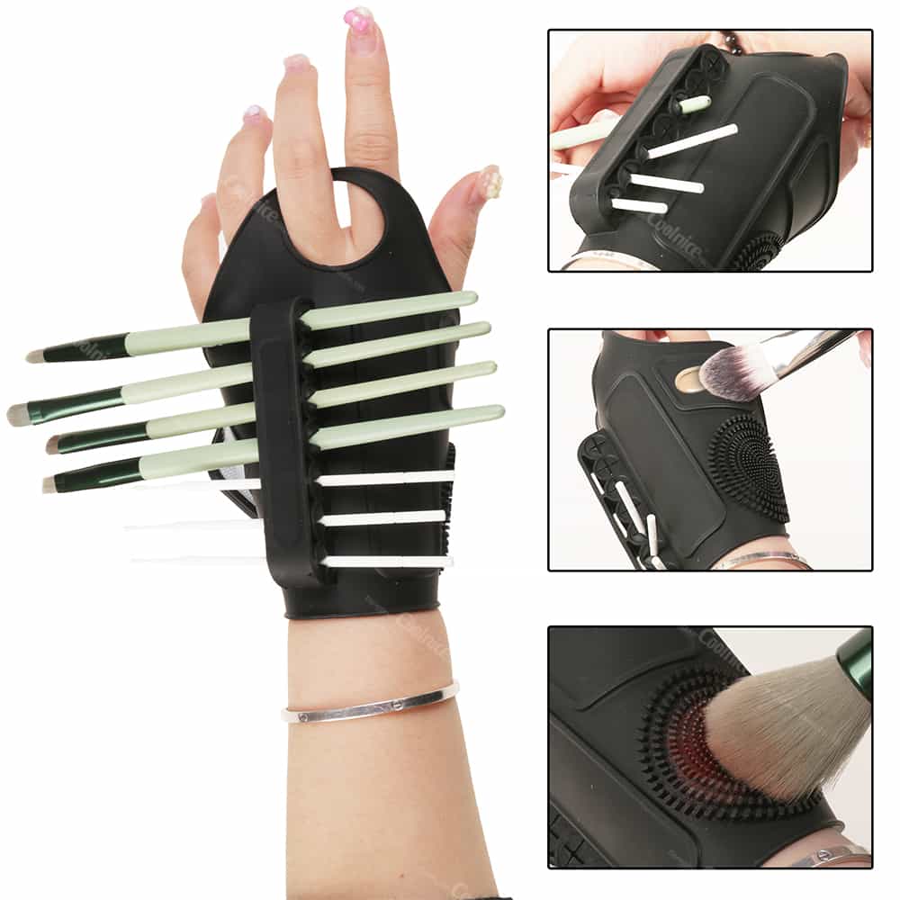 Black silicone brush wrist organizer in use during makeup application.