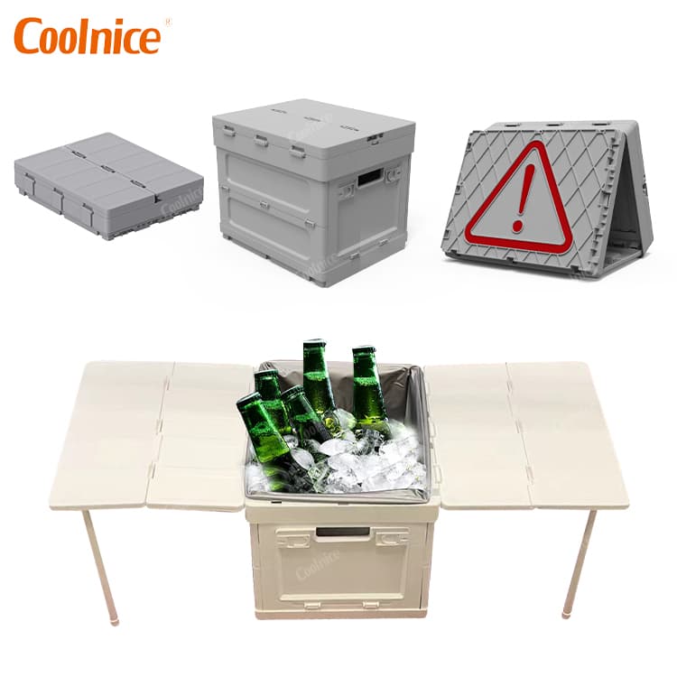 Multi-functional camping box with foldable design, used as cooler and outdoor table.