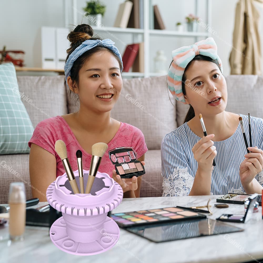 Girls using silicone brush holder for makeup storage