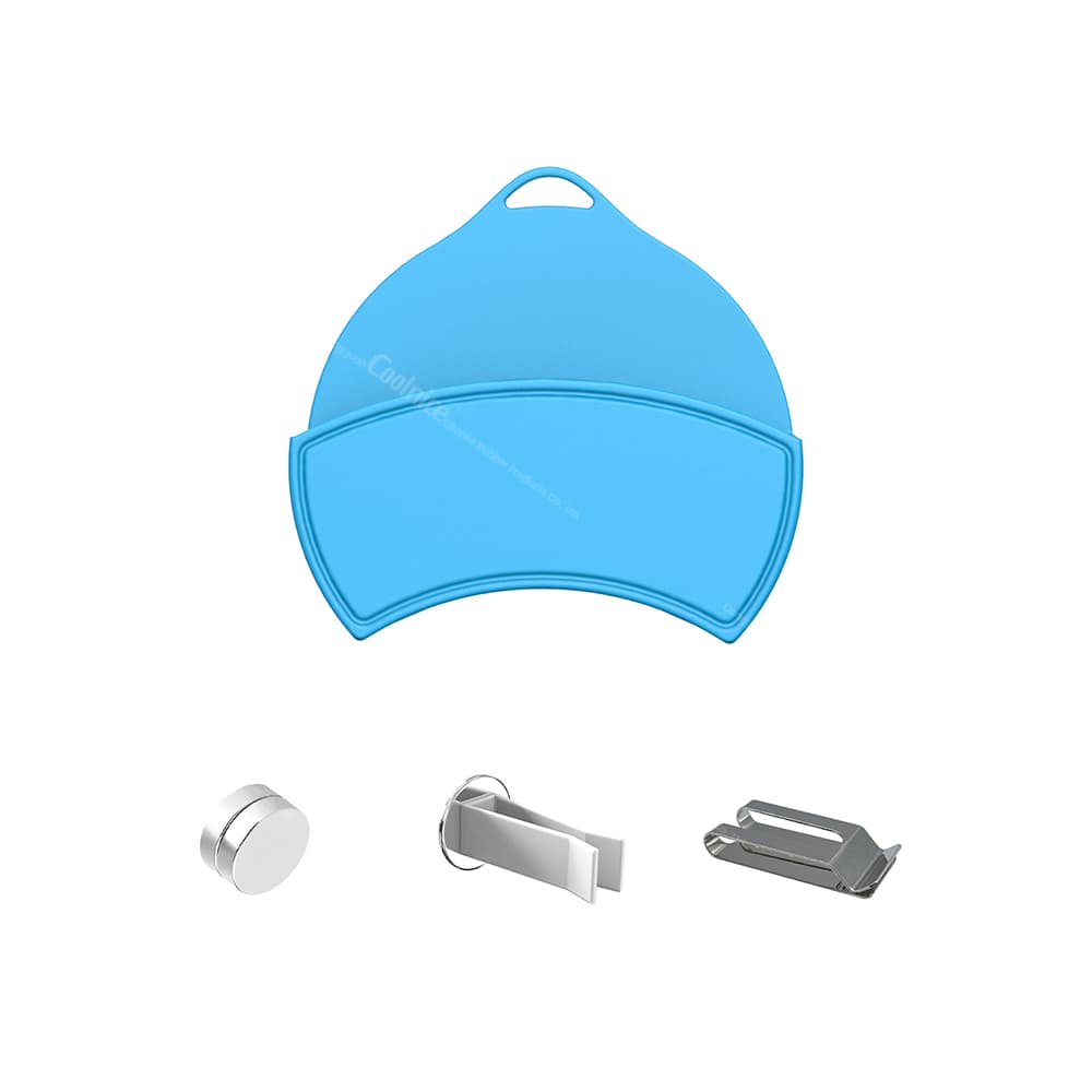 Blue silicone magnetic storage box with mounting options including clips and magnets.