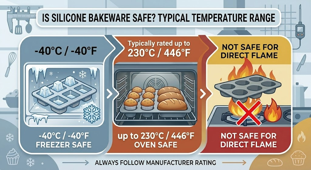 Is silicone bakeware safe temperature limit infographic showing -40°C to 230°C oven and freezer range