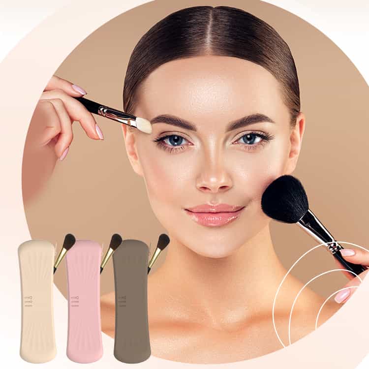 Silicone makeup brush holder with zipper in multiple colors, shown with brushes