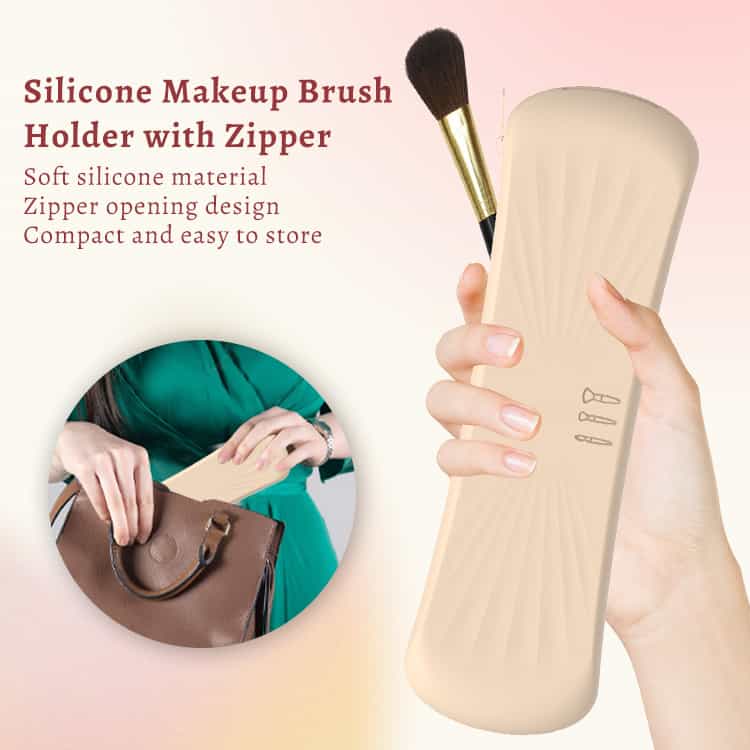 Silicone makeup brush holder in hand with zipper, soft silicone design
