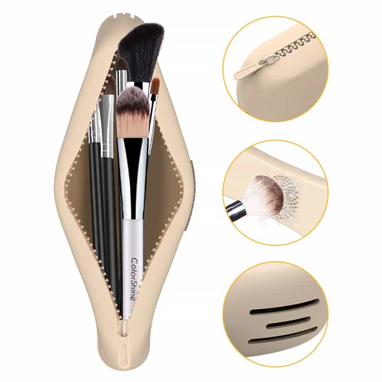 Open silicone makeup brush holder with zipper, showing brushes inside and cleaning texture