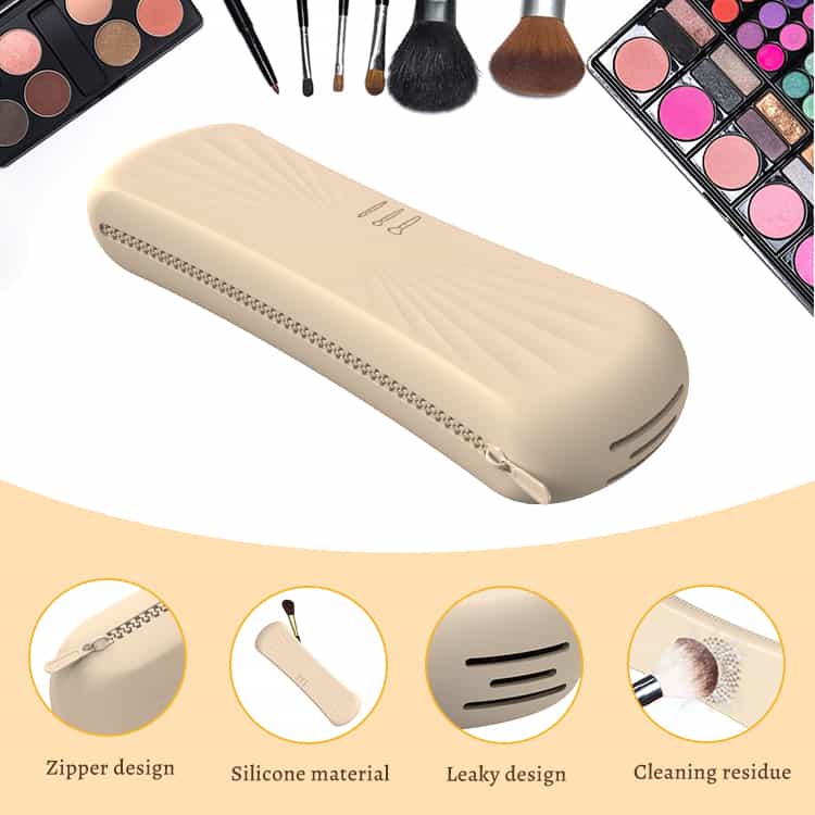 Beige silicone makeup brush case with zipper, highlighting material and cleaning features