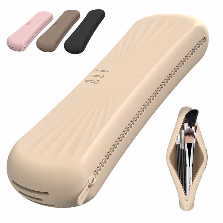 Silicone brush holder displayed in multiple colors with brushes inside