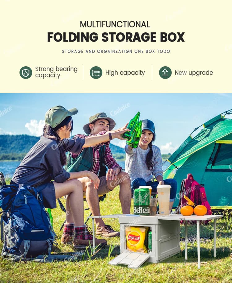 Friends enjoying outdoor camping with multifunctional folding camping box as table