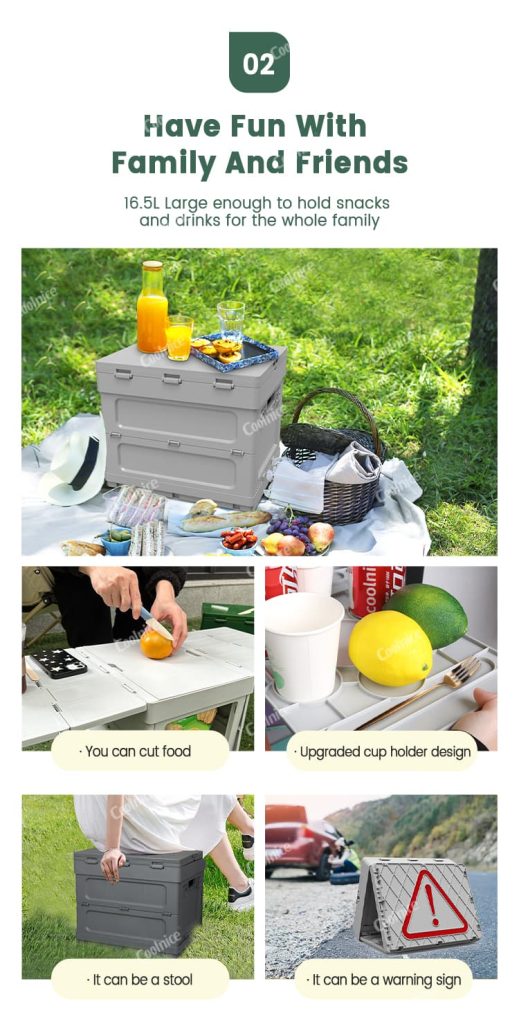Family picnic with camping box storing drinks and snacks