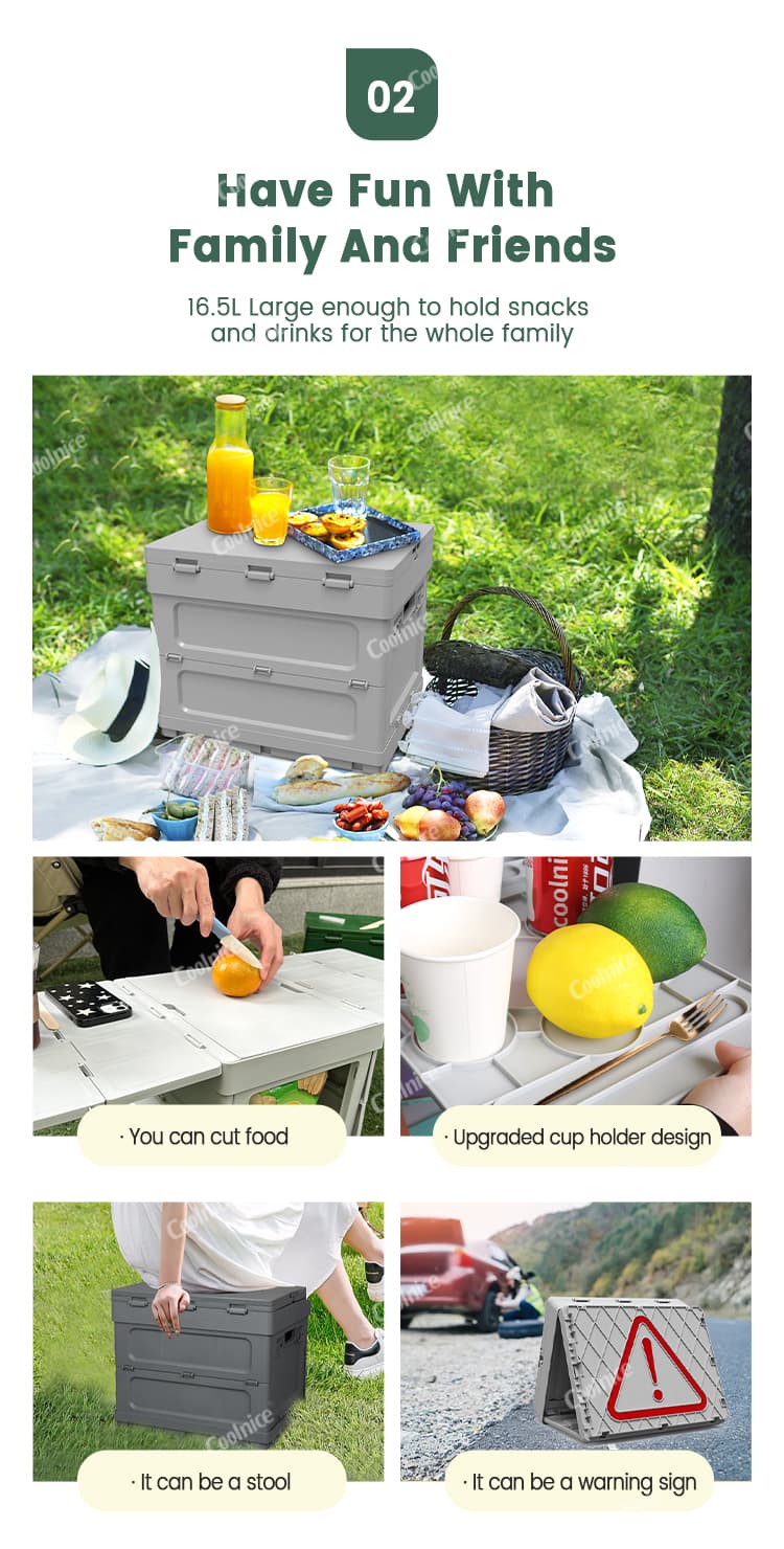 Family picnic with camping box storing drinks and snacks