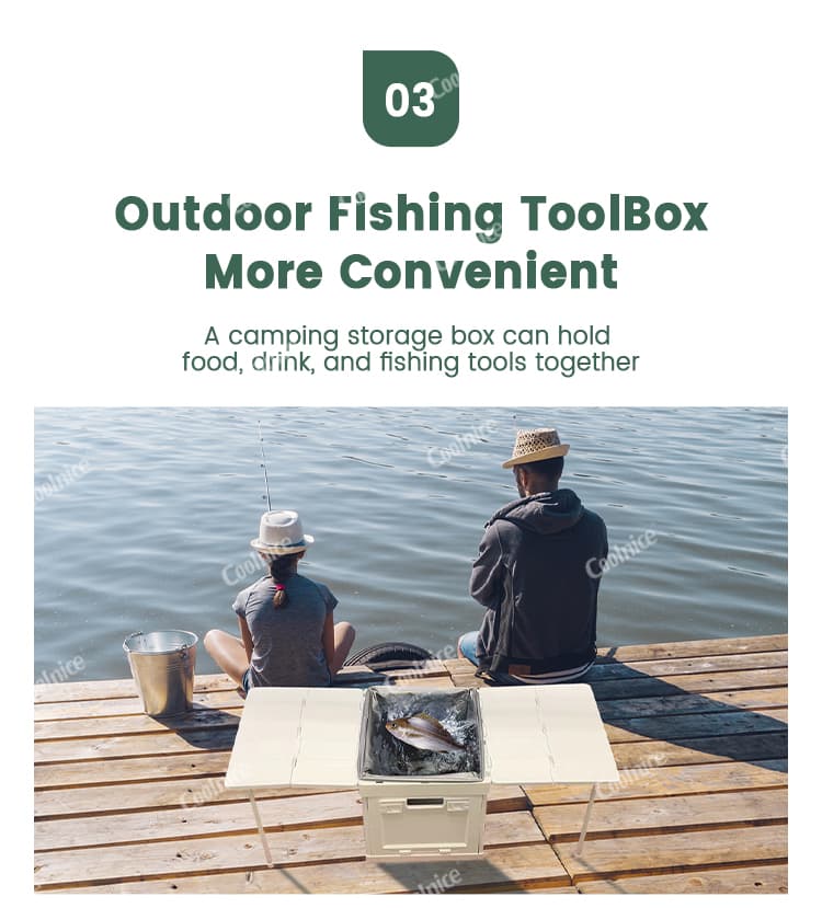Fishing by the lake using waterproof camping box as storage and table