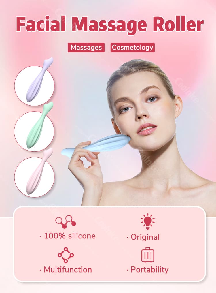 Woman using silicone facial massage roller for skin care