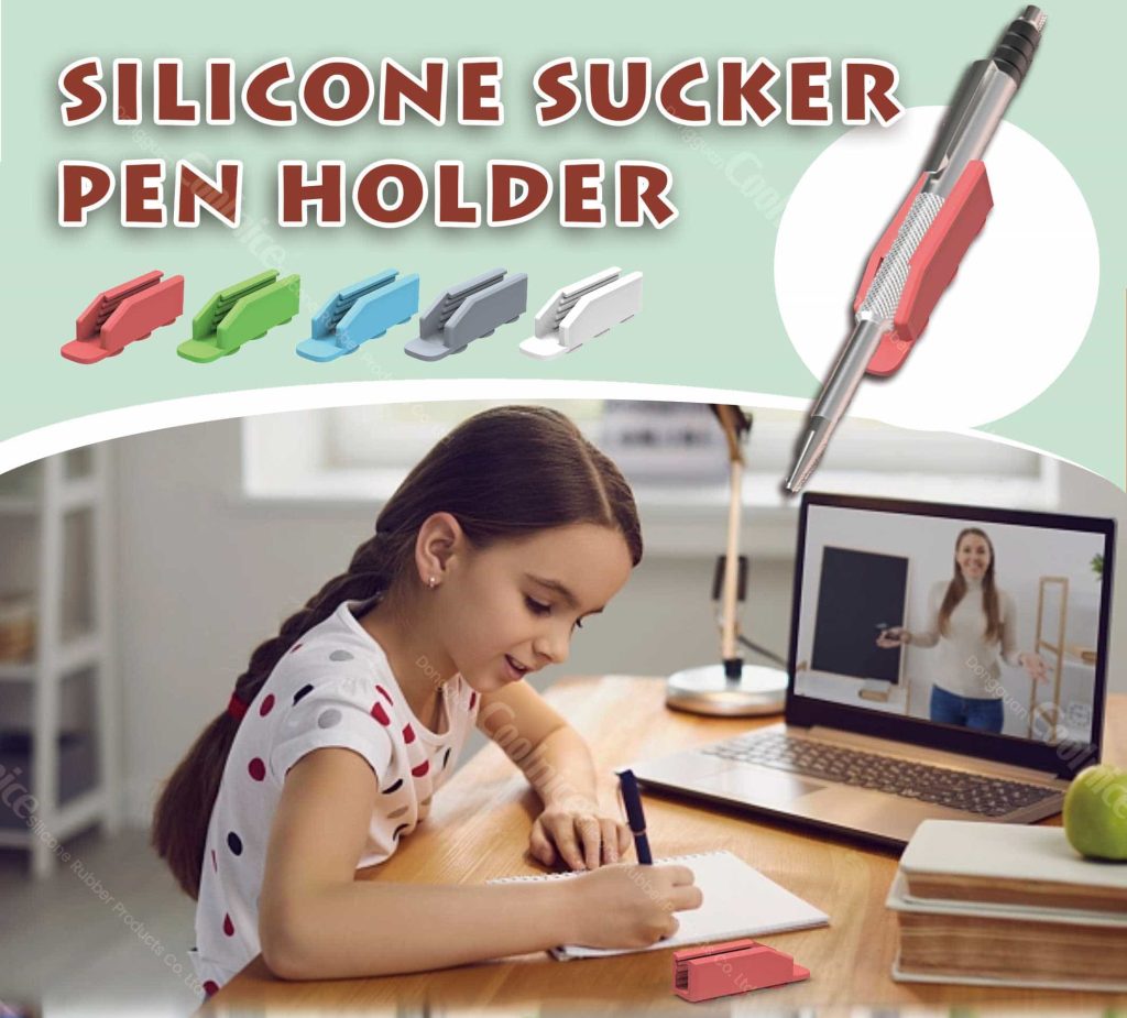 Silicone suction cup pen holder attached to a notebook for writing convenience