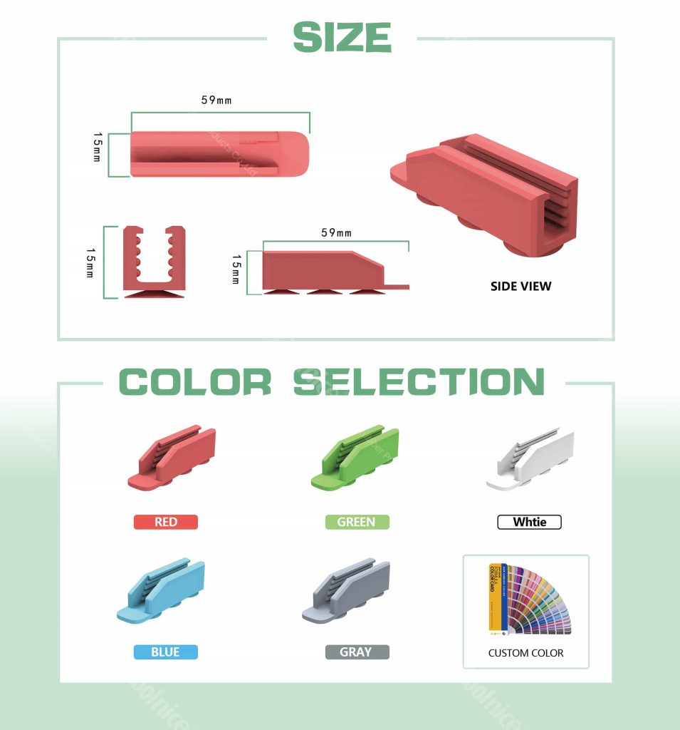 Silicone suction pen holder with size details and multiple color options