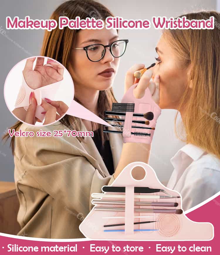 Silicone makeup palette wristband with Velcro strap and brush slots for professional makeup application