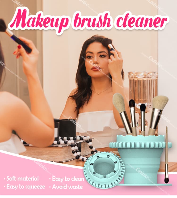 Silicone makeup brush cleaner cup with brushes placed inside, pink color.