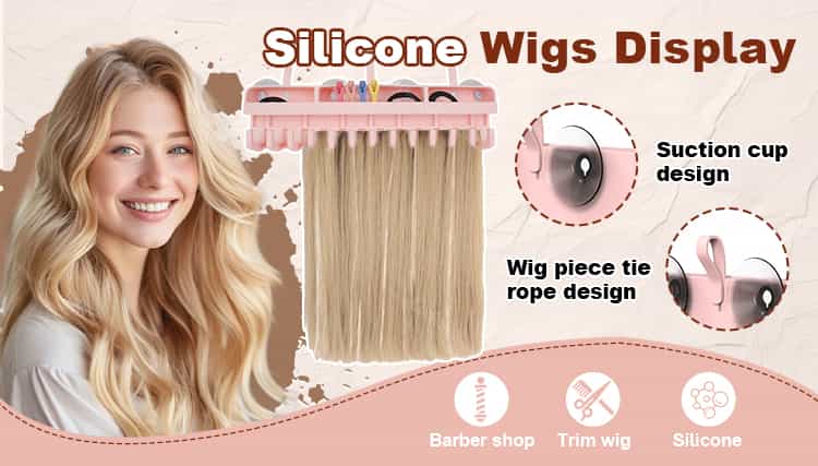 Silicone wig display rack with suction cup and tie rope design, holding blonde wig, beside smiling woman model
