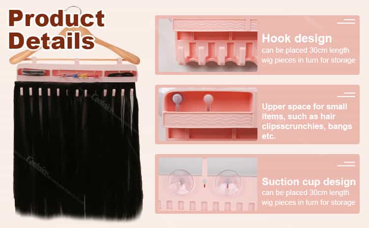 Silicone wig storage rack with hooks, upper accessory tray, and suction cup base for stable wig organization.