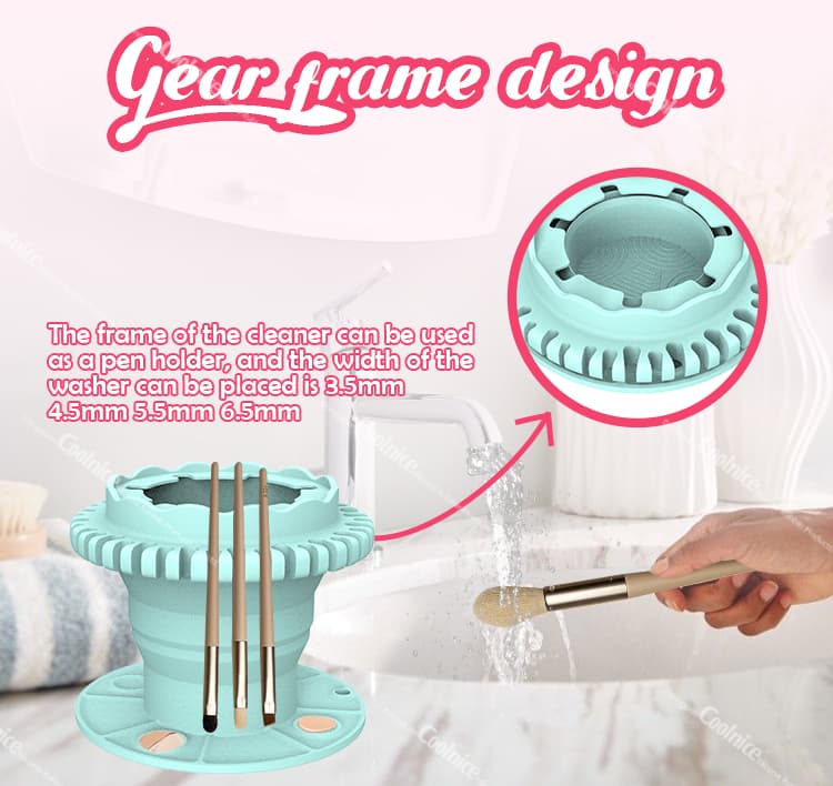 Gear frame design of silicone brush cleaner showing brush placement sizes.