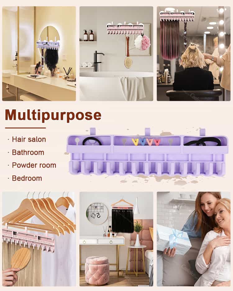 Multipurpose silicone wig display suitable for salons, bathrooms, and bedrooms, available in pink and purple.