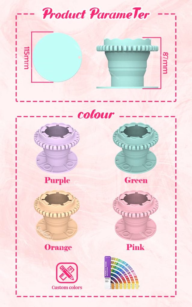 Product parameters and available colors of silicone makeup brush cleaner.