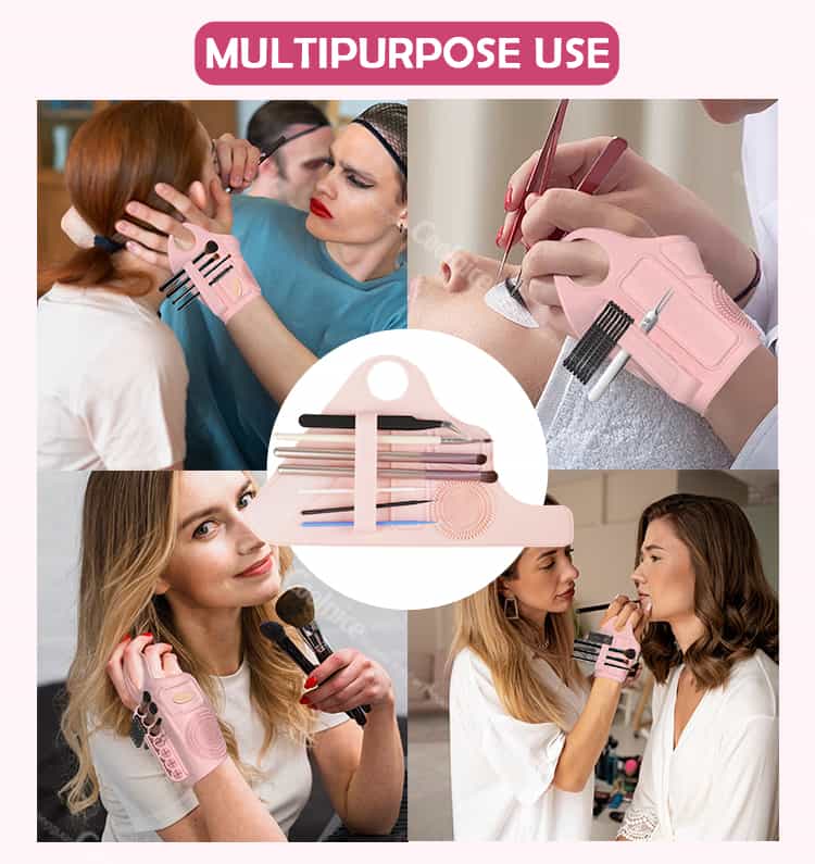 Makeup artist using silicone wrist palette with brush holders during application