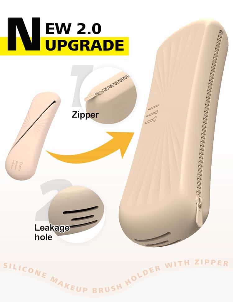 Upgraded silicone makeup brush bag with zipper and leakage hole design