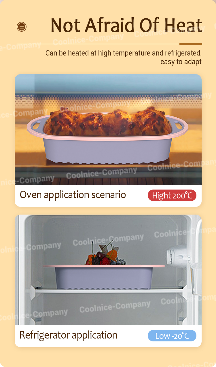 Coolnice silicone bakeware demonstrating its versatility in both high-temperature oven applications (up to 200°C) and low-temperature refrigerator use (down to -20°C).