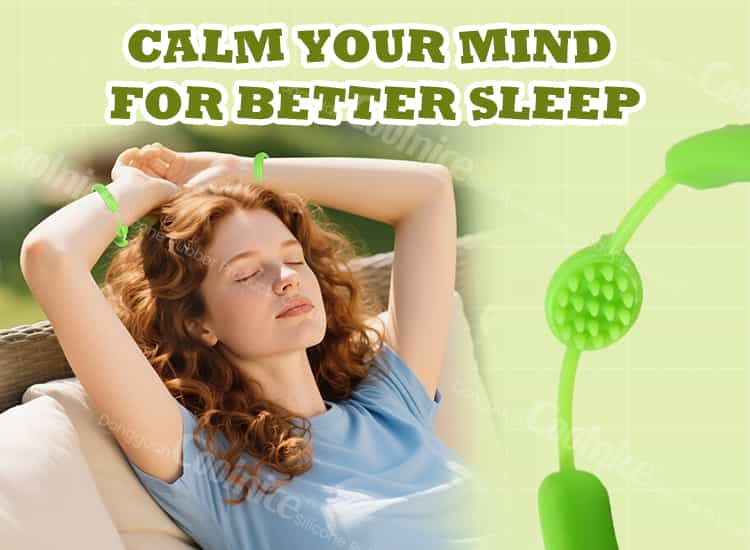 Woman wearing green stress relief bracelet relaxing with eyes closed for better sleep.