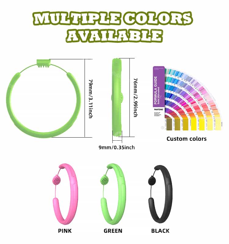 Silicone stress relief bracelet available in pink, green, black, and custom colors with size dimensions.