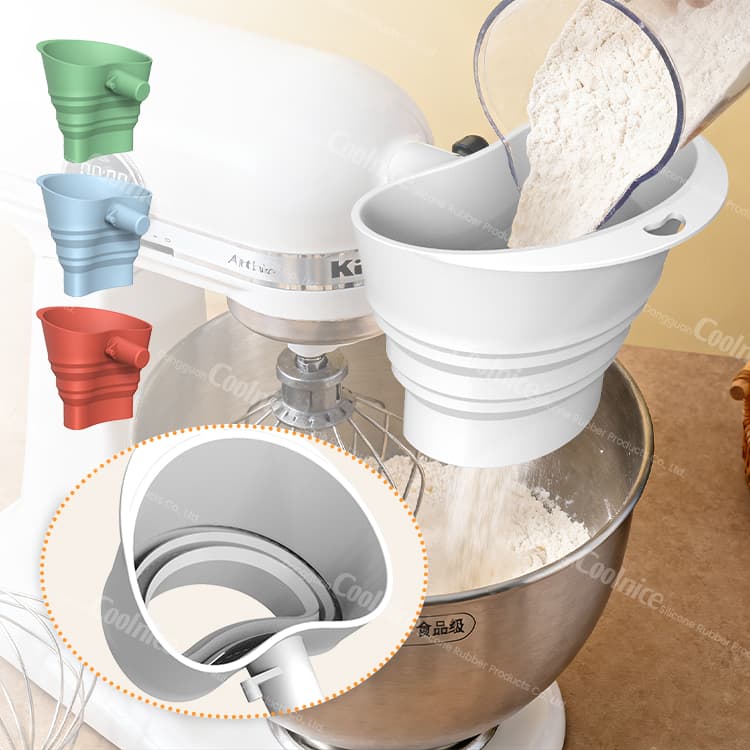 Wide-mouth silicone funnel attachment for KitchenAid mixer