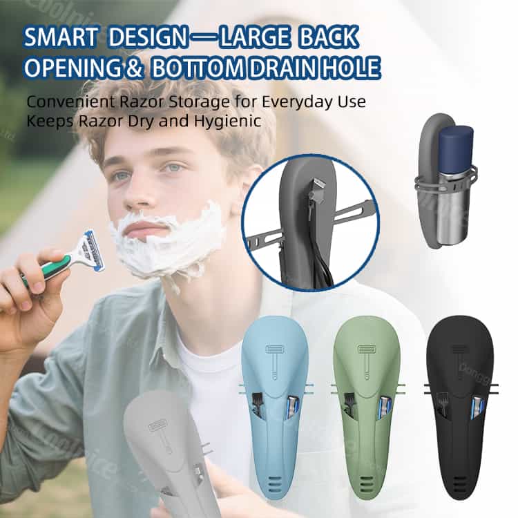 Razor storage with large back opening and drain hole.