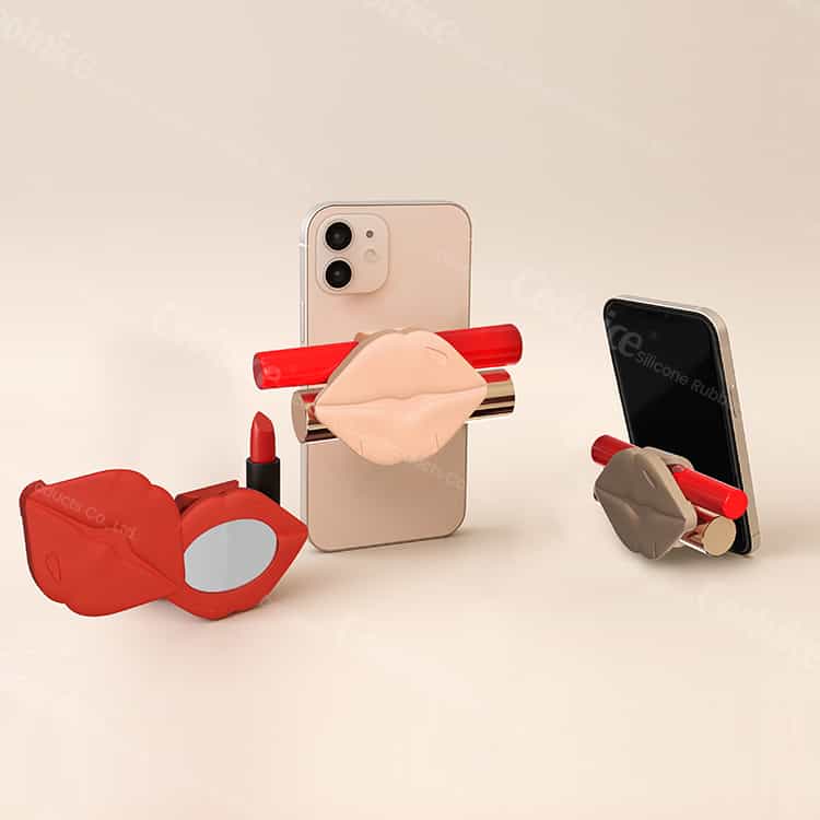Lip-shaped phone stand with storage for lipstick and beauty accessories.