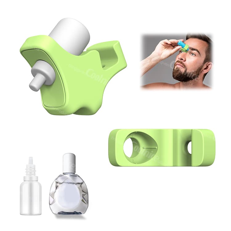 Ergonomic eye drop applicator with dual-aperture compatibility.