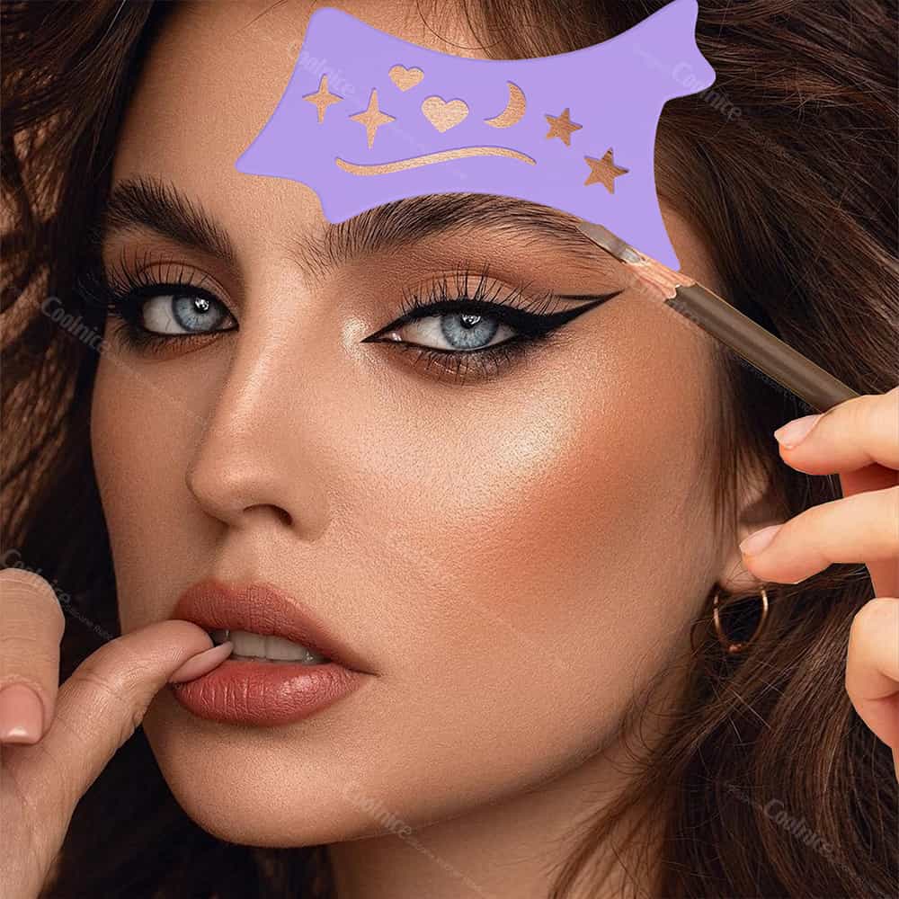 Makeup model using purple eyeliner stencil with moon and star cutouts.