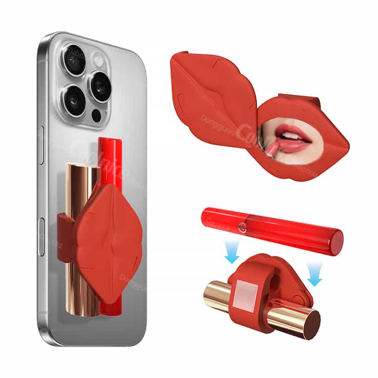Lipstick-shaped phone case with mirror, red color.