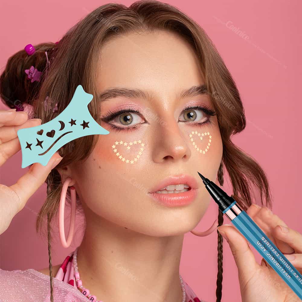 Girl using blue eyeliner stencil for festival face makeup.