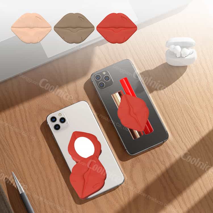 Lipstick phone case in various colors with mirror, flat lay style.