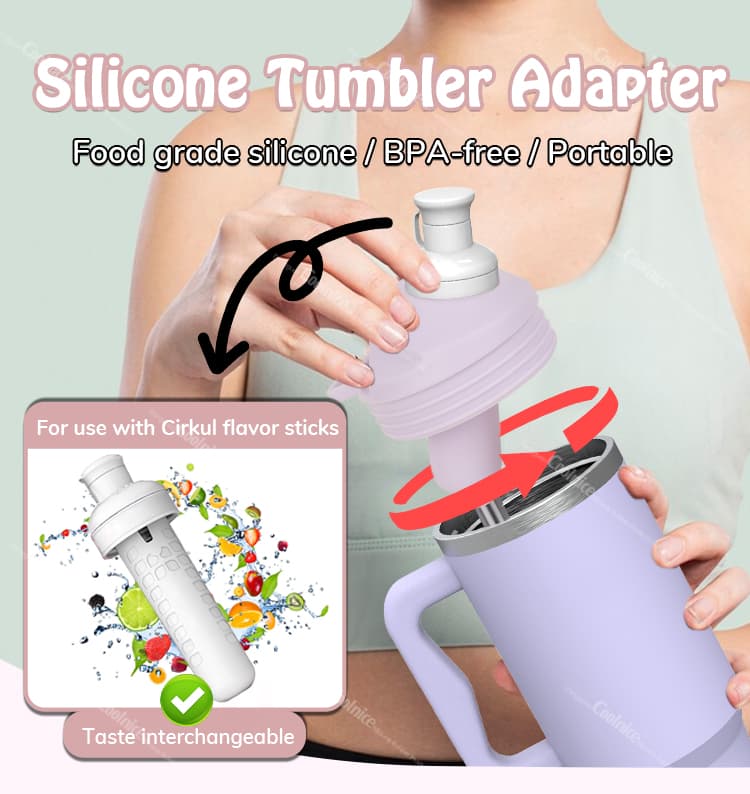 Silicone tumbler adapter compatible with Cirkul flavor sticks, BPA-free portable lid