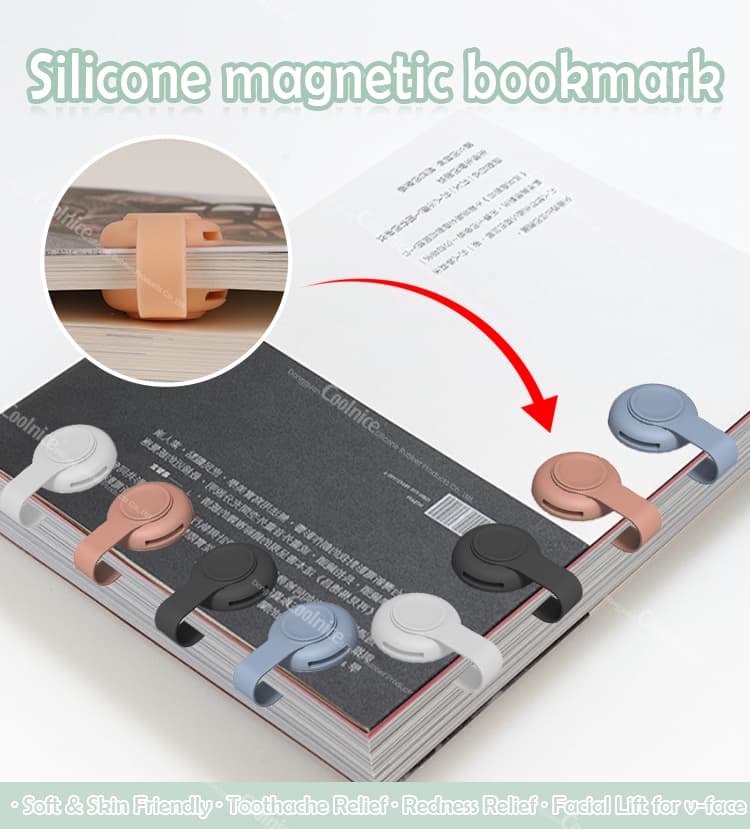 Silicone magnetic bookmarks in assorted colors clipped on book pages
