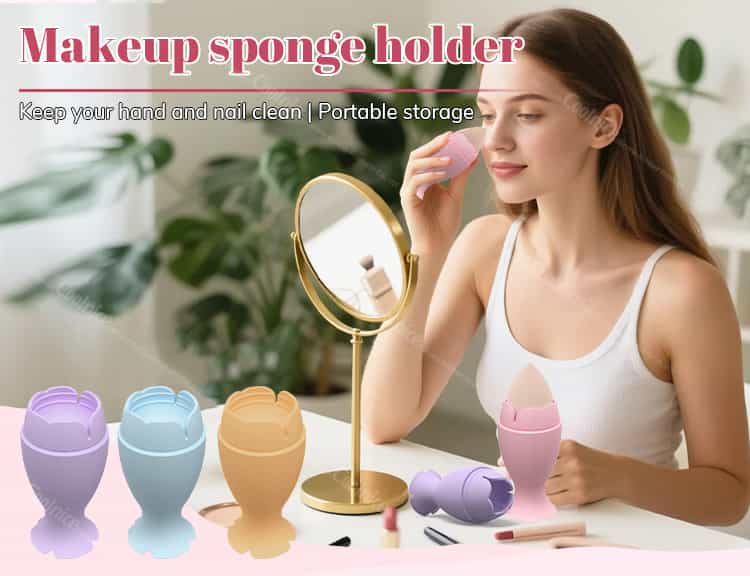 Makeup sponge holder in use for foundation application