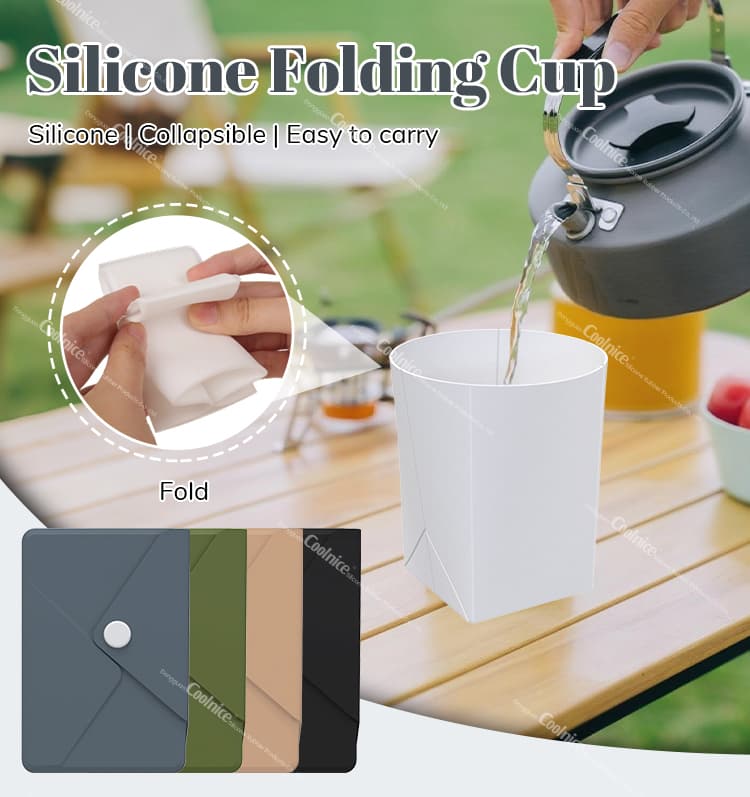 Portable silicone folding cup with hot water pouring demonstration