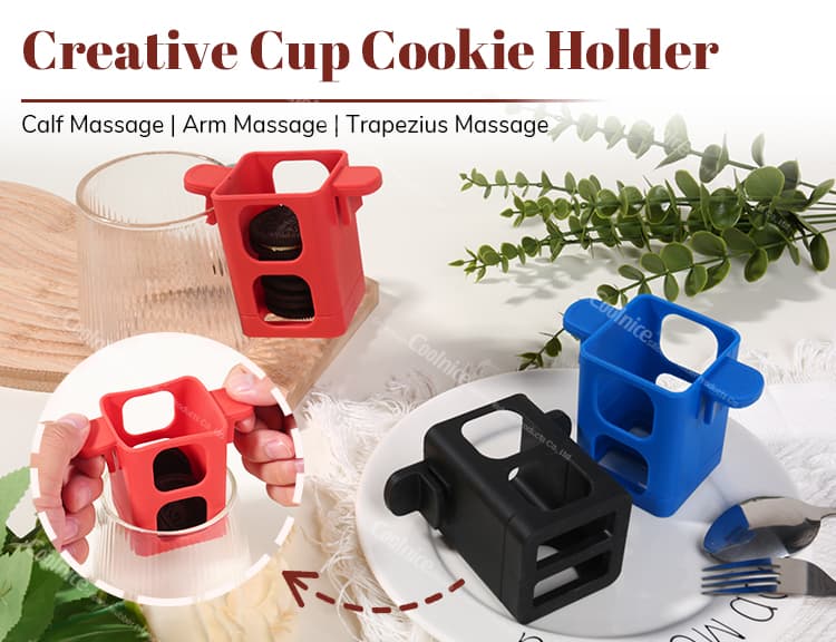 Red, Blue, and Black Creative Cup Cookie Holders displayed on table with cookies.