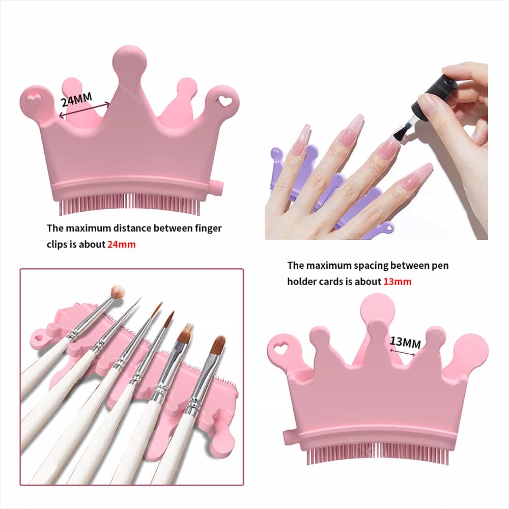 Pink silicone crown nail separator with 24mm finger spacing and 13mm brush holder slots
