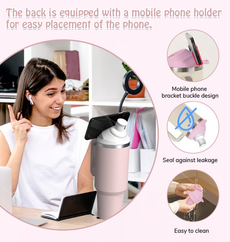 Silicone tumbler adapter with mobile phone holder and leak-proof design
