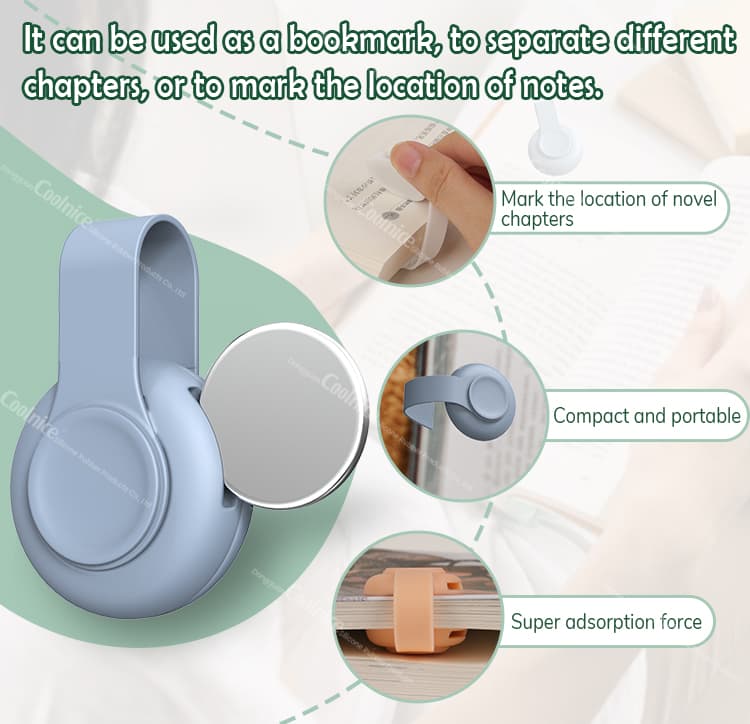 Blue silicone magnetic bookmark with multiple usage scenarios