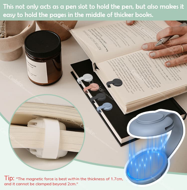 Silicone magnetic bookmark used for thick books and pen slot