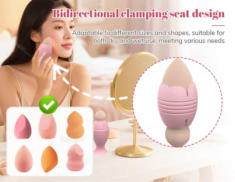 Woman using sponge holder for foundation blending